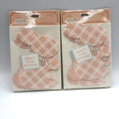 Vtg  Hallmark Baby's First Birthday 8 Invitations Per Pack Lot Of 2 Pink Bunny - Image 1 of 4