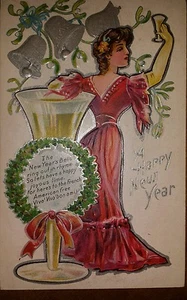 Circa 1910 Winsch Back Lovely Lady Toasting New Years Silver Bells Embossed  - Bild 1 von 2