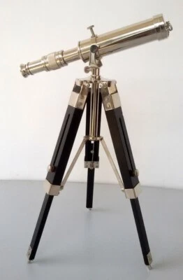 NAUTICAL BRASS TELESCOPE WITH WOODEN TRIPOD BRASS SPYGLASS - Image 1 of 3