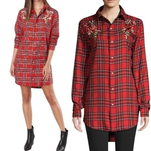 Kendall + Kylie Hemdblusenkleid klein rot kariert bestickt roher Saum Knopfleiste - Bild 1 von 13