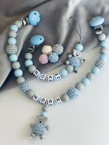 Kinderwagenkette & Schnullerkette mit Namen Junge Blau Teddy Bär große Perlen