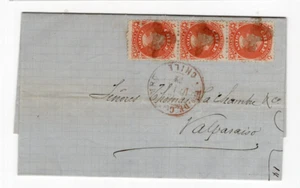 CHILE 1872 First Perforate 5c strip of 3 Puerto de Coquimbo to Valparaiso - Picture 1 of 1