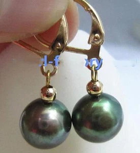 New 9-8mm AAA black green natural Tahitian pearl Dangle earrings 14k - Picture 1 of 3
