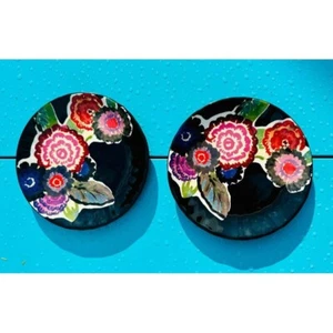Pair (of 2) anthropologie floral colorful plates - black, green, pink, red - Picture 1 of 5