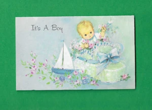 Tarjeta sin usar de colección años 60 LAUREL AMERICAN GREETINGS IT's A BOY bebé velero flores - Imagen 1 de 5