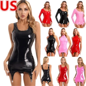 Women Mini Dress Patent Leather Latex Tight Skirt with Metal Clips Rave Party - Picture 1 of 65