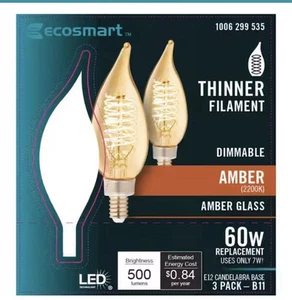EcoSmart 60-Watt Equivalent B11 Dimmable E12 Candelabra LED Bulb Amber (3-Pack) - Picture 1 of 3