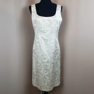 Dolce Gabbana Dress Size 46/10 Square Neck Midi Cream & Gold Metallic Rose Print - Picture 1 of 18