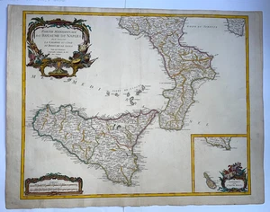 SICILIA REINO DE NÁPOLES ITALIA FECHADA 1750 ROBERT DE VAUGONDY GRAN MAPA ANTIGUO - Imagen 1 de 10