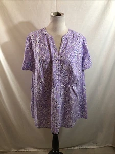 Woman Within Lavender Short Sleeve 1/4 Button Up With Flowers - Womens 1X - Picture 1 of 4