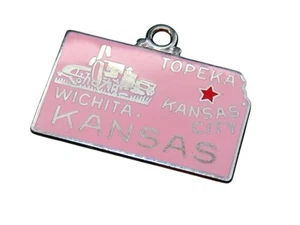 Vintage silver KANSAS TOPEKA STATE MAP PINK ENAMEL charm RARE - Picture 1 of 1