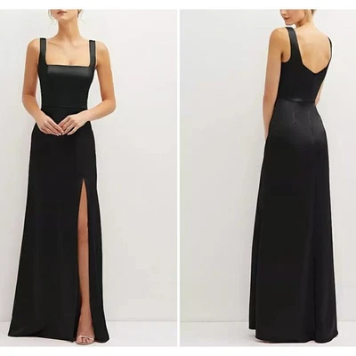 Новый с Ярлыками Dessy квадратный вырез атласный трапециевидный макси платье с передней разрез в черный sz L - Изображение 1 из 4