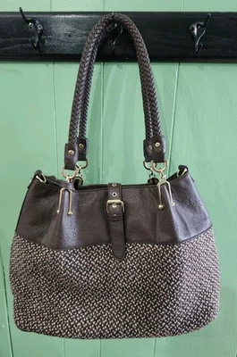 NUEVO CON ETIQUETAS WILSONS Negro Remache Marrón Cuero Tweed Tela Cartera Llevar Todo Bolso 3 en 1 Foto 1 de 4