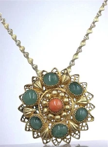 Stunning Vtg G.P. 925 Sterling Silver Chrysoprase/Coral Pendant Necklace/Brooch - Picture 1 of 8