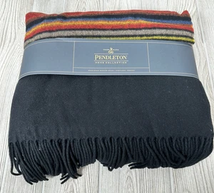 Pendleton 5th Avenue Acadia Park Merino Wool Throw Blanket Black Striped NEW - Picture 1 of 12