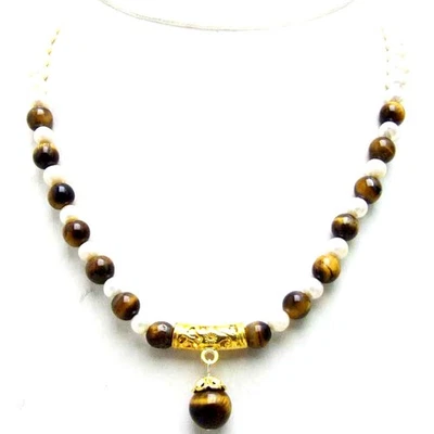 Collar colgante ojo de tigre amarillo natural de 8 mm para mujer con perla blanca 17" Foto 1 de 3