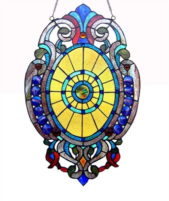 Diseño de panel de ventana ovalado de vitral estilo Tiffany 15" de ancho x 23" en T hecho a mano  Foto 1 de 2