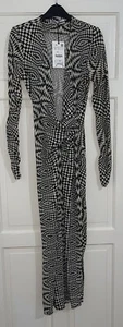 ZARA BLACK WHITE GEOMETRIC PRINT MIDI JERSEY WRAP DRESS WITH DRAPED FRONT SIZE S - Picture 1 of 12