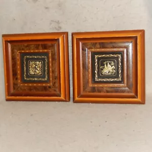 Pair 2 Signed Toledo Gold Damascene Framed QUIXOTE Bird Flower Picture Wall ART - Picture 1 of 9