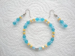 Handmade Turquoise Bead & Yellow Bead Elasticated Bracelet & Earrings Set - Picture 1 of 3