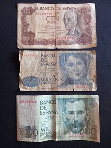 SPAIN 100 (1970) + 500 + 1000 (1979) PESETAS Banknotes - Circulated / DAMAGED - Picture 1 of 2