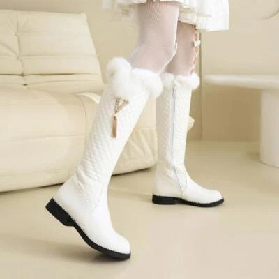 Winter Mid Calf Boots Flats Heel Casual Women's Comfort Fur Trim Long Shoes Lady - Image 1 of 4