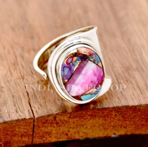 Pink Oyster Turquoise Adjustable Silver Ring Handmade Silver Band - Picture 1 of 4