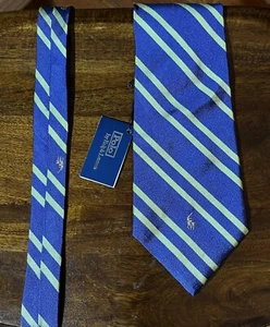 NWT Polo Ralph Lauren Necktie TIE Silk Hand Made USA Pony Blue Green Stripes - Picture 1 of 10