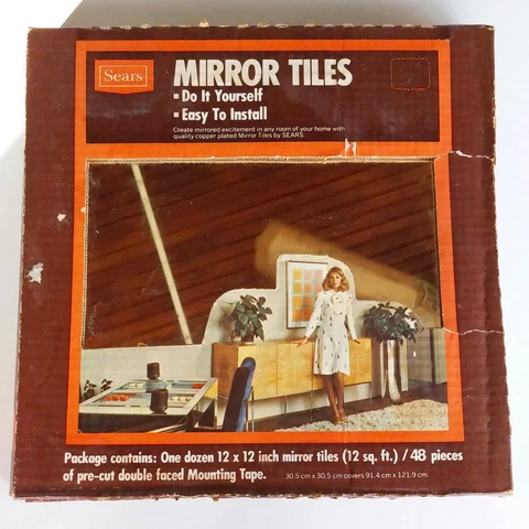 Sealed Vintage Sears Box of 12 Clear Mirror Tiles 12"x12" with Double Back Tape Cover