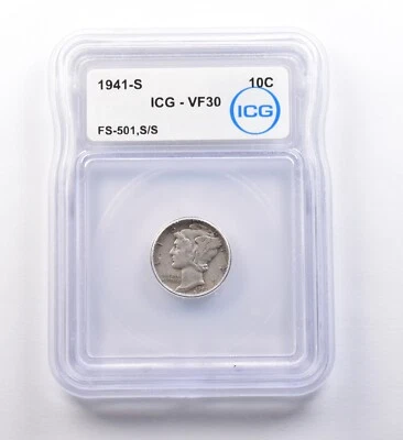 1941-S Mercury Dime FS-501, S/S VF30 ICG *9697 - Image 1 of 3