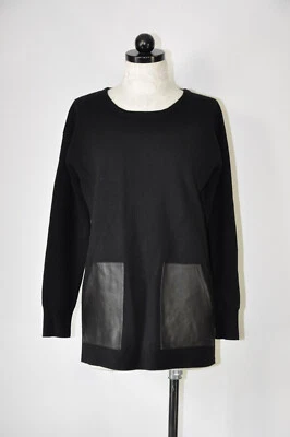 J Crew Black Merino Wool Leather Pockets Crew Knit Top Pullover Sweater Women S - Image 1 of 4
