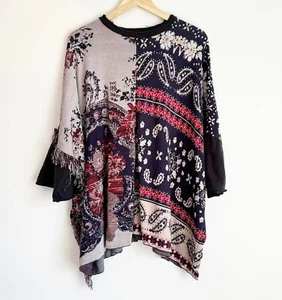 Free People Bandana Print Patchwork Poncho Oversized Sweater SZ XS/SM Fringe Hem - Picture 1 of 15