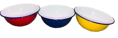 Vintage Metal Enamel Bowls 6" High 2 1/2 " Deep Set Of 3 Blue Yellow Red - Image 1 of 4