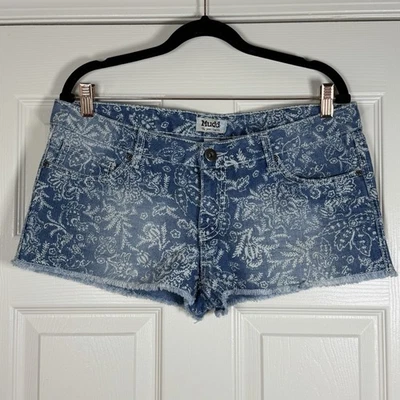 Mudd Y2K 花卉佩斯利头巾图案低腰牛仔短裤磨损 13 码 — 第 1/4 张图片