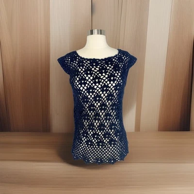 Blusa Top Vintage Negra Abierta Gruesa Tejida Floral Crochet a Mano Camisa para Mujer’s Foto 1 de 4