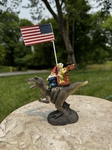 Patriotic Garden Gnome & Cat Riding A Dinosaur Small Fairy Garden Figure - Picture 1 of 21