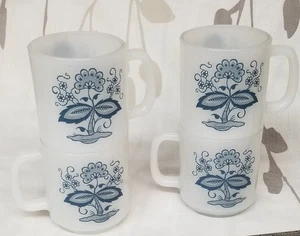 Vintage 4 Glasbake Old Town Blue Onion Milk Glass Mugs - Picture 1 of 7