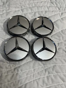 OEM MERCEDES BENZ SILVER CENTER CAPS E C CLK CLS SL G55 E350 S550 S600 SET/4 - Picture 1 of 10