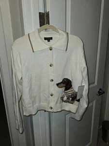 Ivory Brown Dachshund Dog Cardigan Sweater Calligraphic Size Medium (M) NWT - Bild 1 von 7