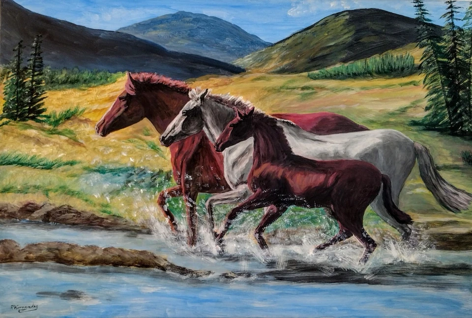  Pintura original de sementales corriendo por un río. Foto 1 de 1