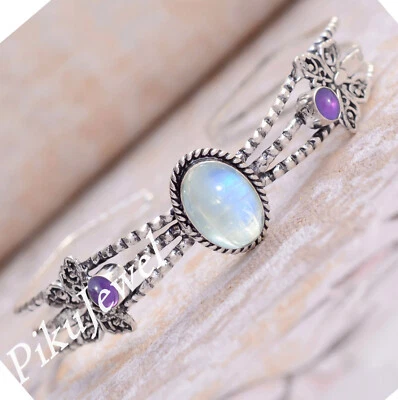 Pietra di luna arcobaleno con pietra preziosa ametista argento sterling 925 b... - Immagine 1 di 4