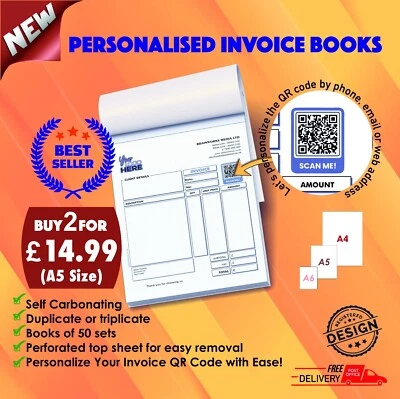 PERSONALISED DUPLICATE A5 INVOICE BOOK - 50 SET - NCR PAD PRINT - INVOICE PRINT - Image 1 of 4