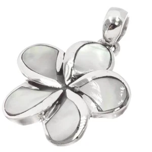 925 Silver Plumeria Flower White Mother of Pearl Shell Sterling Pendant, 1 1/4" - Picture 1 of 2