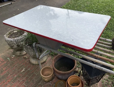 Gray & Red ENAMEL TABLE TOP Hoosier porcelain country granite cabinet 40x25” Cover
