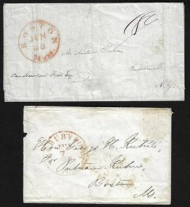 US 1844 DOS LETRAS BOSTON MASS EN ROJO A FULTONVILLE NY 18¢ TARIFA Y PUERTO NEWBURY - Imagen 1 de 1