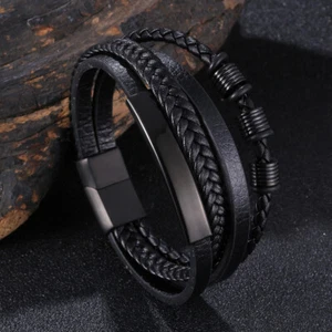 Lederarmband Armband aus Edelstahl 21 CM Schwarz, Silber Hochwertiges Material - Bild 1 von 13