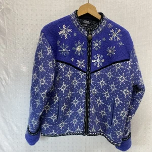 Icelandic Wool Sweater Women’s Size L Full-Zip Blue Snowflakes Pockets Lined - Picture 1 of 13