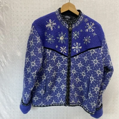 Icelandic Wool Sweater Women’s Size L Full-Zip Blue Snowflakes Pockets Lined - Image 1 of 4