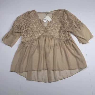 Cato 衬衫女式 14/16WP 米色透明蕾丝刺绣高低雪纺上衣 — 第 1/4 张图片