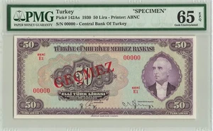 TURKEY 50 Lira 1930 (1942-1947), P-142As SPECIMEN, w/ Bowtie, PMG 65 EPQ Gem UNC - Picture 1 of 2